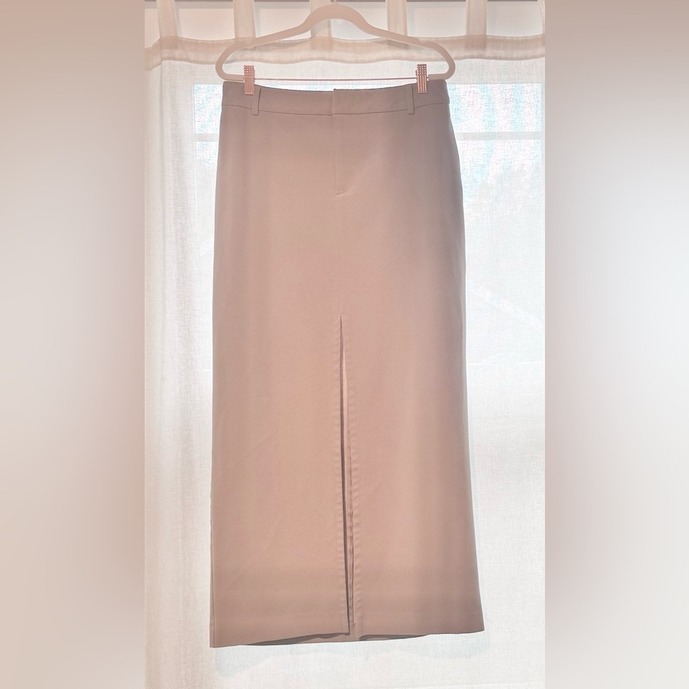Cream Pencil Midi Skirt with Slit for Work